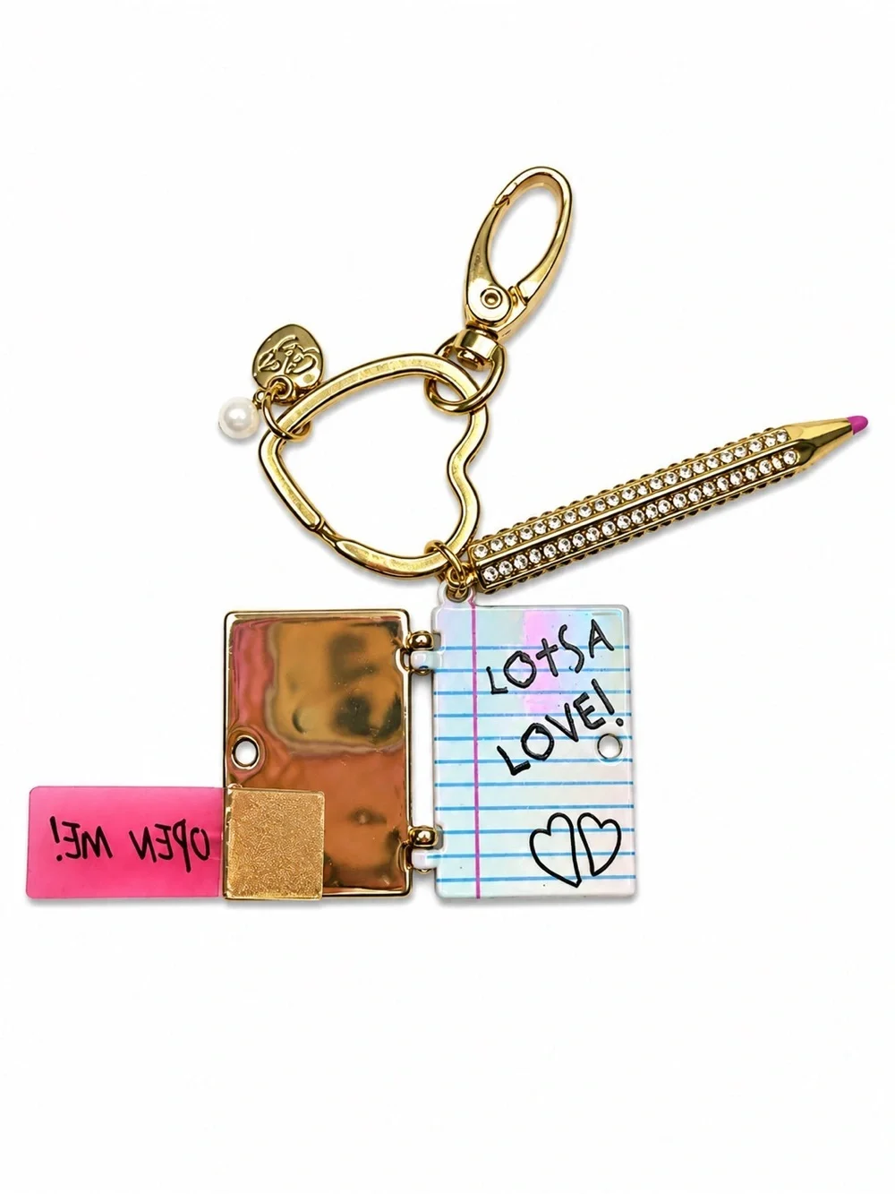 Betsey Johnson Interactive Notebook & Pen Bag Charm Keychain – Gold Tone